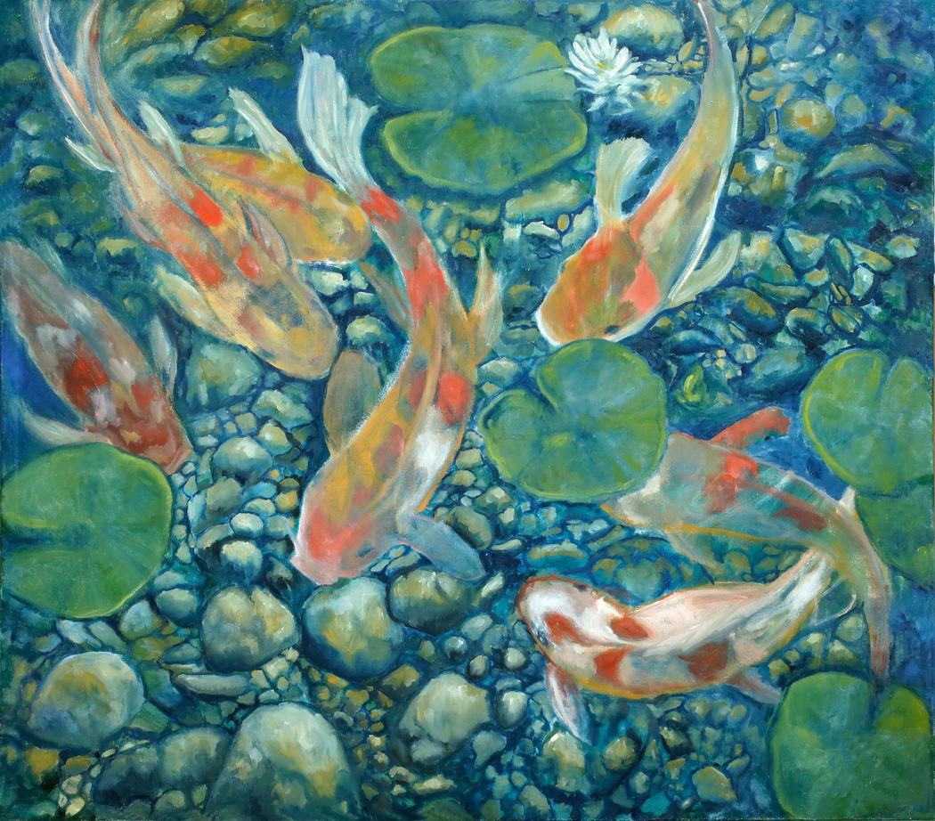 Oil painting of koi fish swimming over pebbles among lily pads