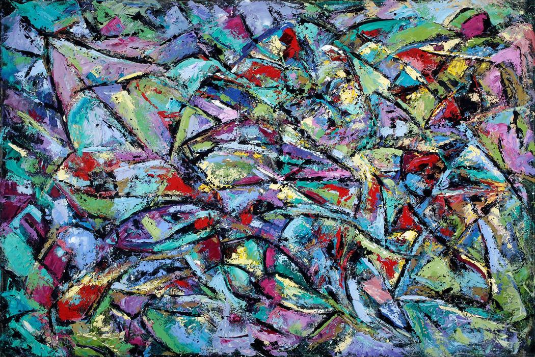 Densely layered abstract painting in jewel tones with black linework