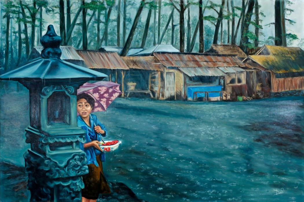 Painting of a girl with an umbrella carrying a bowl past a stone shrine in the rain