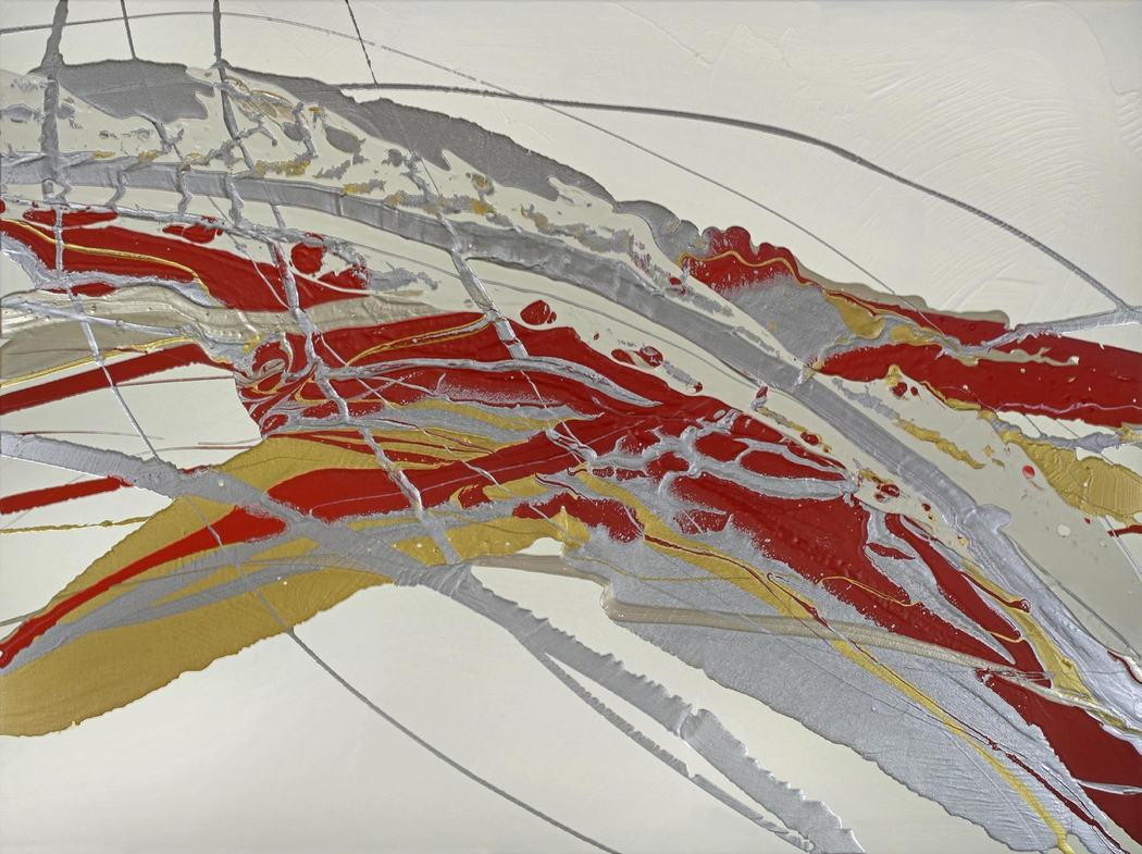 Poured paint abstract with crimson, silver, and gold ribbons sweeping across cream