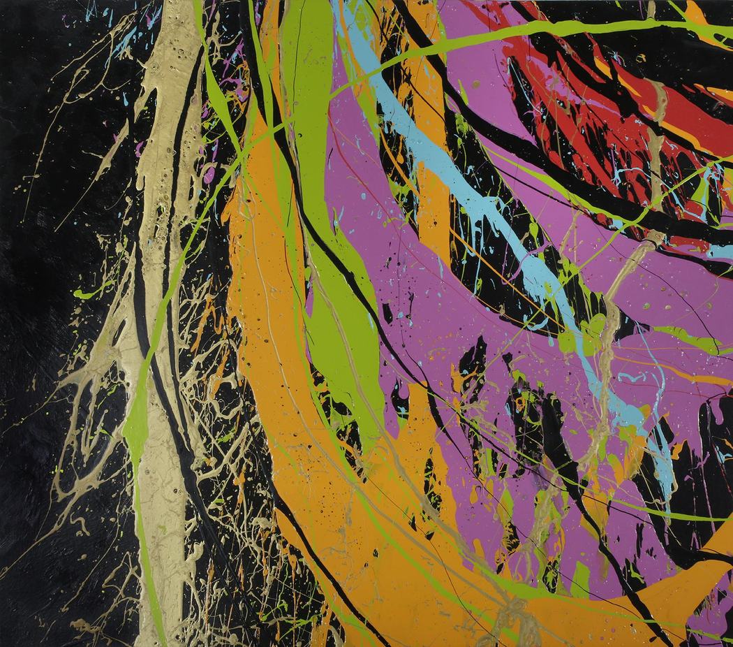 Vivid poured paint abstract with magenta, orange, lime, and blue over black