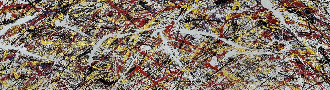 Panoramic poured paint abstract with red and cream lines crossing a dark field