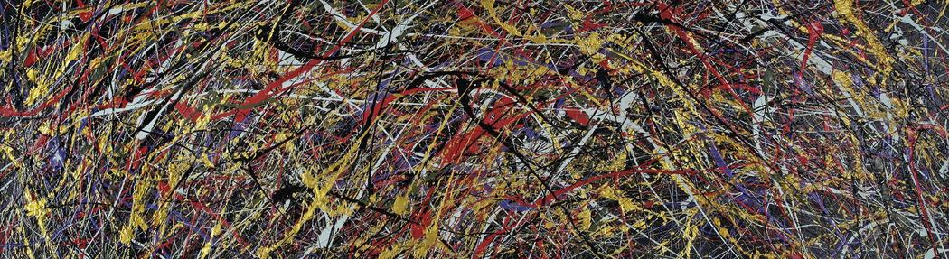 Panoramic dense abstract of yellow, red, white, and black threads