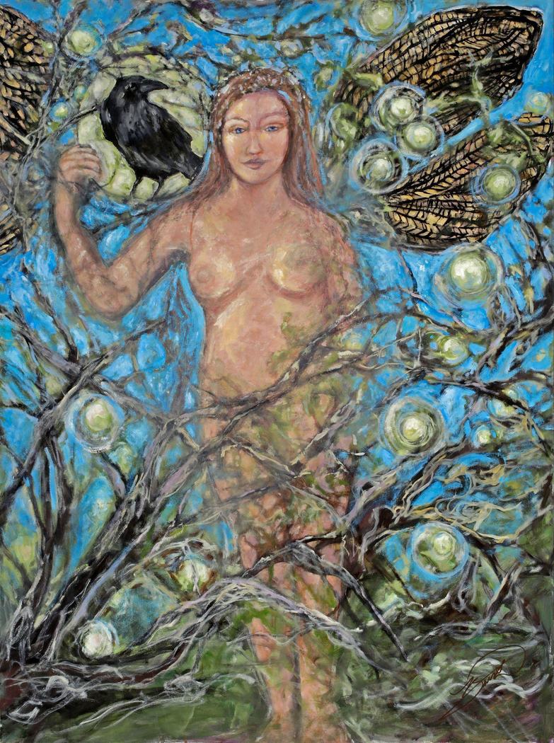 Painting of a winged woman holding a raven among tangled branches and orbs of light