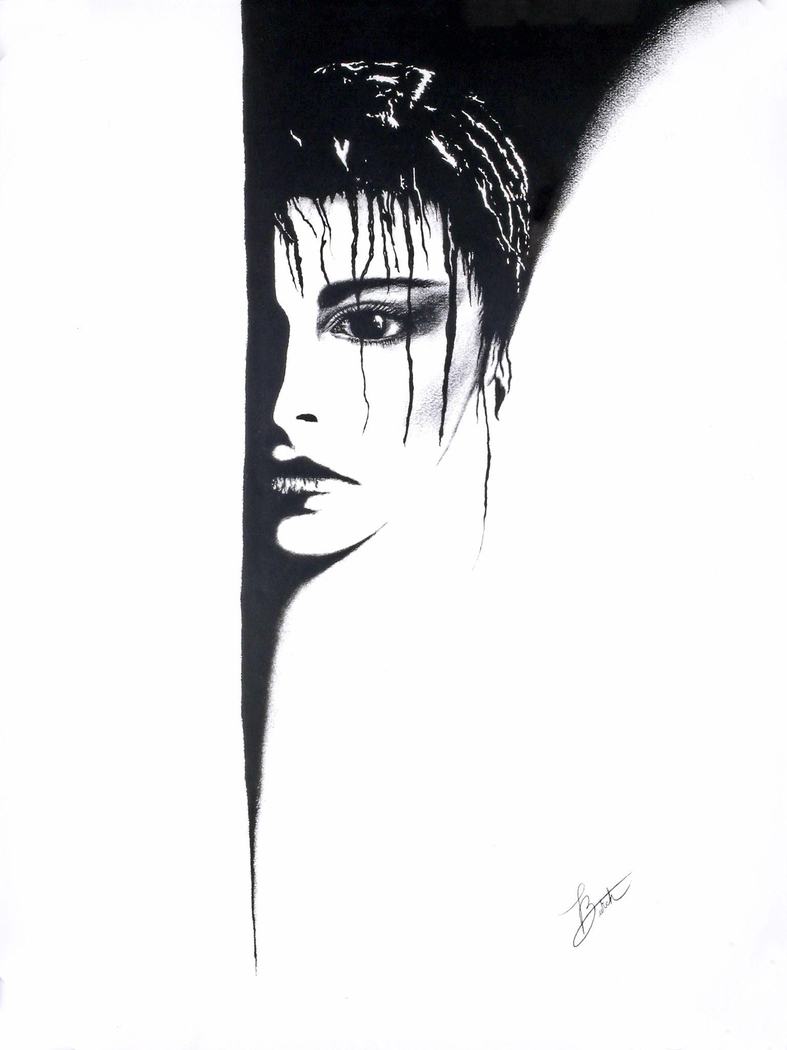 Black and white ink portrait of a woman's face emerging from darkness with dripping lines