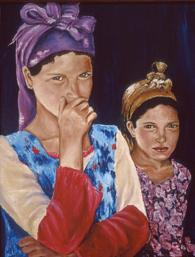 Oil portrait of two girls in headscarves against a deep blue background