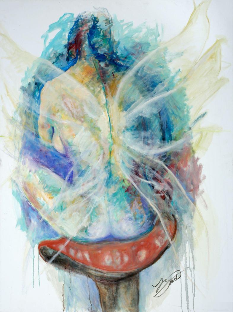 Mixed media painting of a figure seen from behind with translucent wings, seated on a red form