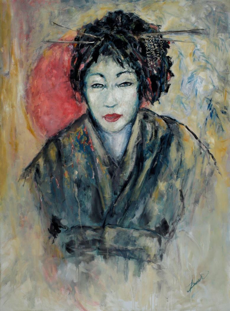 Oil portrait of a woman in a kimono with ornamental hairpins against a red sun