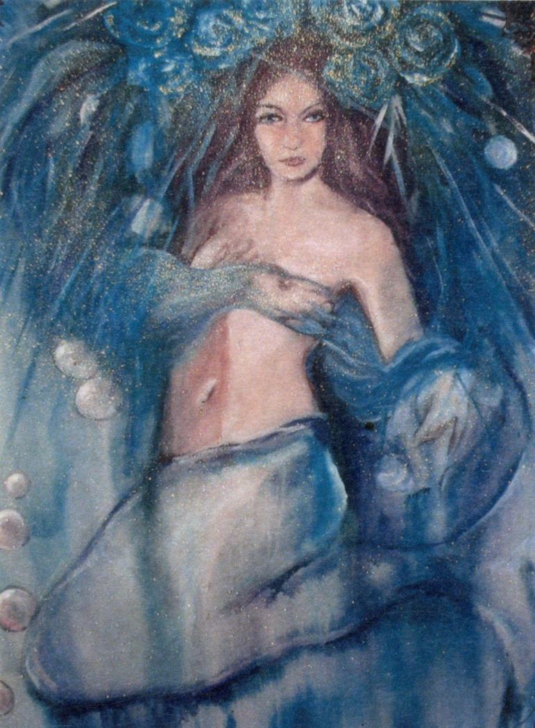 Blue-toned painting of a woman with a crown of roses surrounded by pearls and veils
