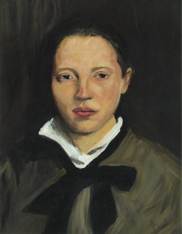 Classical oil portrait of a young person with a dark bow against a dark background